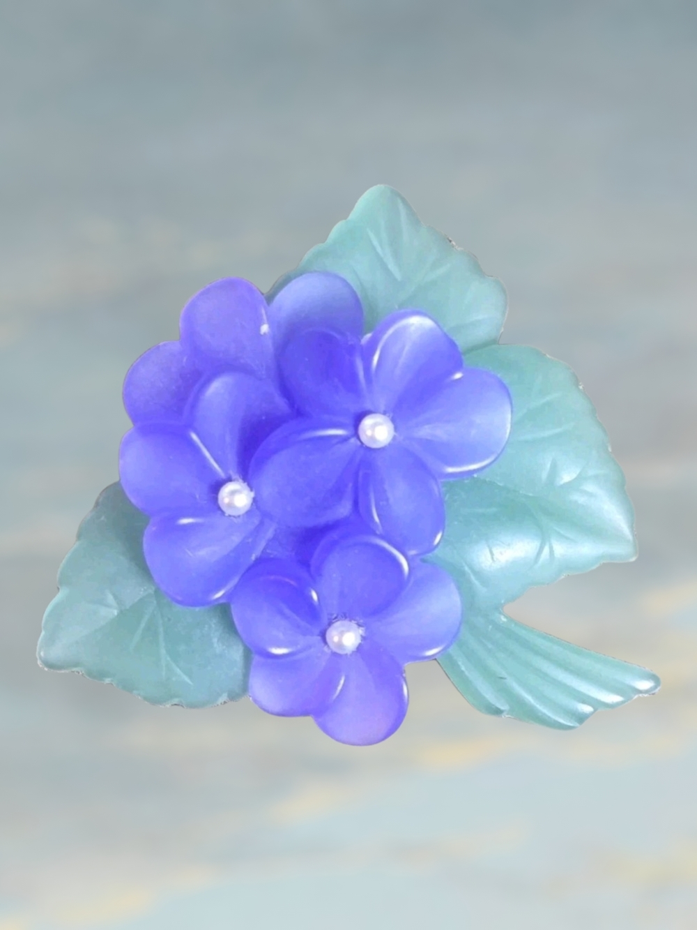 Avon "Sweet Violet" Purple Floral Brooch with Green Leaves & Pearl Centers 1983